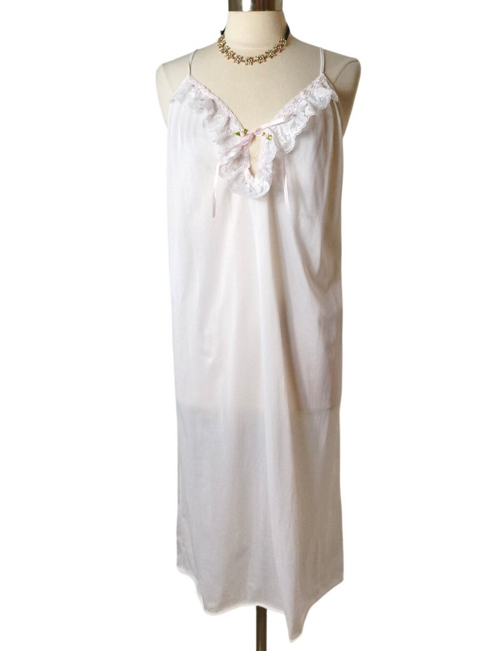 VTG Cachet White Nightgown Slip Nitie Lace Trim Bows Accents Sheer Adjust Straps